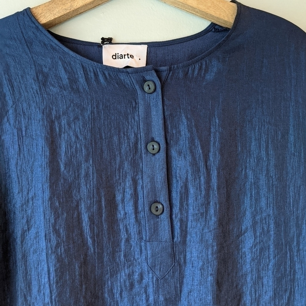 Diarte Oversized Shirt Dress 3/4 Sleeve Viscose Lagenlook Blue Shiny NWT Small - Picture 2 of 6